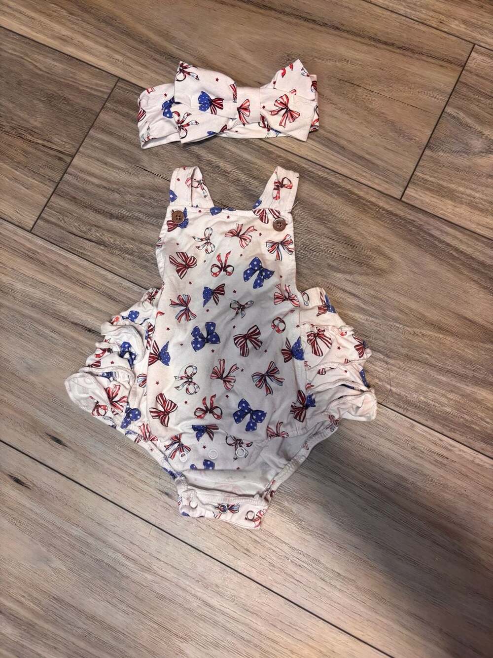 Milkberry Bows Ruffle Romper 6/9M patriotic